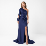Asymmetric Long-Sleeved Evening Maxi Dress with Slit and Open Back for Women