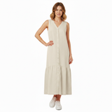 Women's Sleeveless Cotton and Linen Midi Dress, V-Neck, A-Line Fit with Pockets