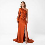 Asymmetric Long-Sleeved Evening Maxi Dress with Slit and Open Back for Women