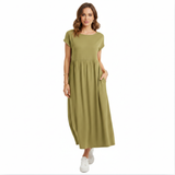 Women's Short-Sleeved Pleated Cotton and Linen Maxi Dress, Round Neck with Pockets
