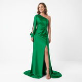 Asymmetric Long-Sleeved Evening Maxi Dress with Slit and Open Back for Women
