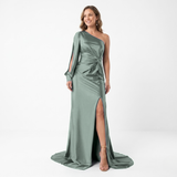 Asymmetric Long-Sleeved Evening Maxi Dress with Slit and Open Back for Women