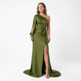 Asymmetric Long-Sleeved Evening Maxi Dress with Slit and Open Back for Women