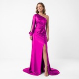 Asymmetric Long-Sleeved Evening Maxi Dress with Slit and Open Back for Women