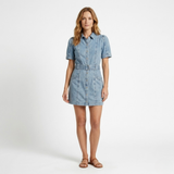 Short Denim Dress with Puff Sleeves, Belt and Buttons for Women