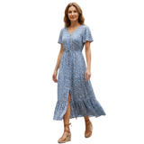Floral Cotton Maxi Dress with V-Neck and Front Buttons for Women