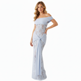 Off-the-Shoulder Lace Evening Maxi Dress with Draped Waist