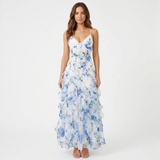 Floral Maxi Dress with Ruffles, Corset Bustier and Thin Straps