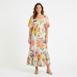 Floral Maxi Dress with Square Neckline and Puff Sleeves for Women