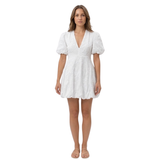 Embroidered Short Dress with V-Neck and Puff Sleeves