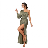 One-Shoulder Satin Maxi Dress with Draped Bow and Side Slit