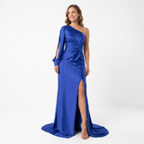 Asymmetric Long-Sleeved Evening Maxi Dress with Slit and Open Back for Women