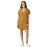 Short Linen Dress with V-Neck and Short Cuffed Sleeves