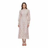 Openwork Lace Maxi Dress with Puff Sleeves and High Neck