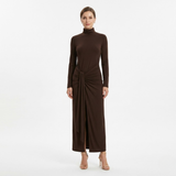 Fitted Maxi Dress with High Neck, Gathered Detail and Side Slit