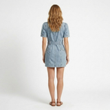 Short Denim Dress with Puff Sleeves, Belt and Buttons for Women