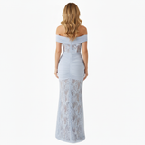 Off-the-Shoulder Lace Evening Maxi Dress with Draped Waist