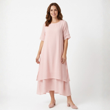 Relaxed Short-Sleeved Layered Midi Dress for Women