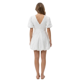 Embroidered Short Dress with V-Neck and Puff Sleeves
