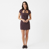 Women's Polka Dot Short Dress with Off-the-Shoulder Neckline and Front Lace-Up