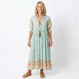 Boho Midi Dress for Women with Floral Print, V-Neck and Lantern Sleeves
