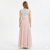 Sleeveless Lace and Chiffon Evening Maxi Dress with Crochet Bustier