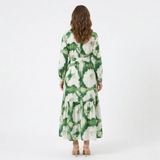 Flowing Floral Maxi Dress with V-Neck and Puffed Long Sleeves