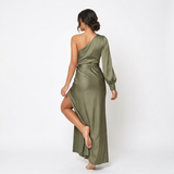 One-Shoulder Satin Maxi Dress with Draped Bow and Side Slit