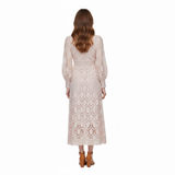 Openwork Lace Maxi Dress with Puff Sleeves and High Neck