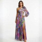 Asymmetric Floral Evening Maxi Dress with Chiffon Sleeve and Slit