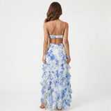 Floral Maxi Dress with Ruffles, Corset Bustier and Thin Straps