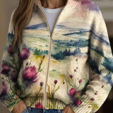 Zelda | Zip-Up Cardigan, Scottish Thistle Landscape
