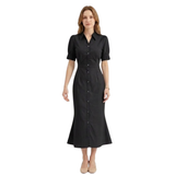 Flared Short-Sleeved Maxi Dress with Button Front for Women