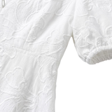 Embroidered Short Dress with V-Neck and Puff Sleeves