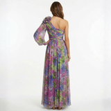 Asymmetric Floral Evening Maxi Dress with Chiffon Sleeve and Slit