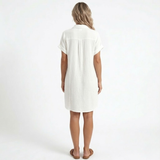 Short Cotton and Linen Dress with V-Neck and Three-Quarter Sleeves for Women