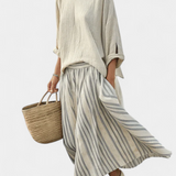 Aurora – Comfortable Blouse and Striped Midi Skirt