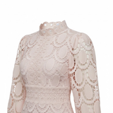 Openwork Lace Maxi Dress with Puff Sleeves and High Neck