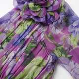 Asymmetric Floral Evening Maxi Dress with Chiffon Sleeve and Slit
