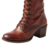 Women's Tall Lace-Up Boots in Aged Leather with Square Heel and Soft Lining