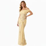 Off-the-Shoulder Lace Evening Maxi Dress with Draped Waist