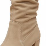 Mid-Calf Faux Suede Boots with Thick Heel and Soft Pleats
