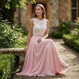 Sleeveless Lace and Chiffon Evening Maxi Dress with Crochet Bustier