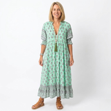 Boho Midi Dress for Women with Floral Print, V-Neck and Lantern Sleeves