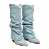 Women's Tall Denim Boots with Pointed Toe and Square Heel