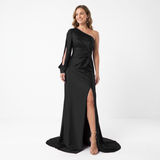 Asymmetric Long-Sleeved Evening Maxi Dress with Slit and Open Back for Women