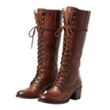 Women's Tall Lace-Up Boots in Aged Leather with Square Heel and Soft Lining