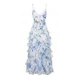 Floral Maxi Dress with Ruffles, Corset Bustier and Thin Straps