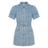 Short Denim Dress with Puff Sleeves, Belt and Buttons for Women