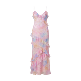 Floral Maxi Dress with Ruffles, V-Neck and Thin Straps